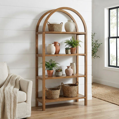 Large arched bookshelf in brown engineered wood for spacious storage