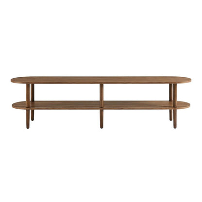 Brown wood TV stand with oval design, solid mango construction for durability