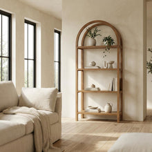 Large arched bookshelf in brown engineered wood for spacious storage