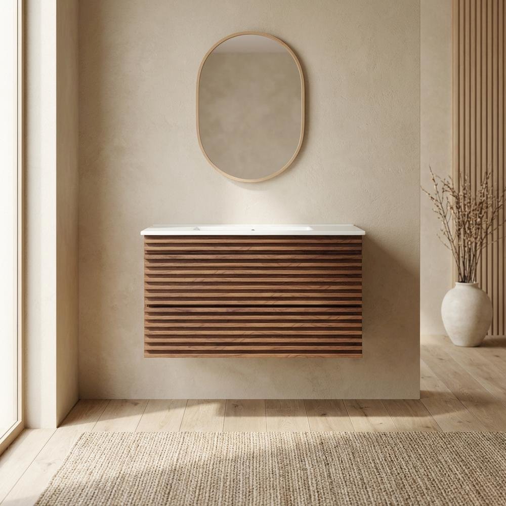 Walnut White 36-Inch Wall-Mount Bathroom Vanity with Ceramic Sink