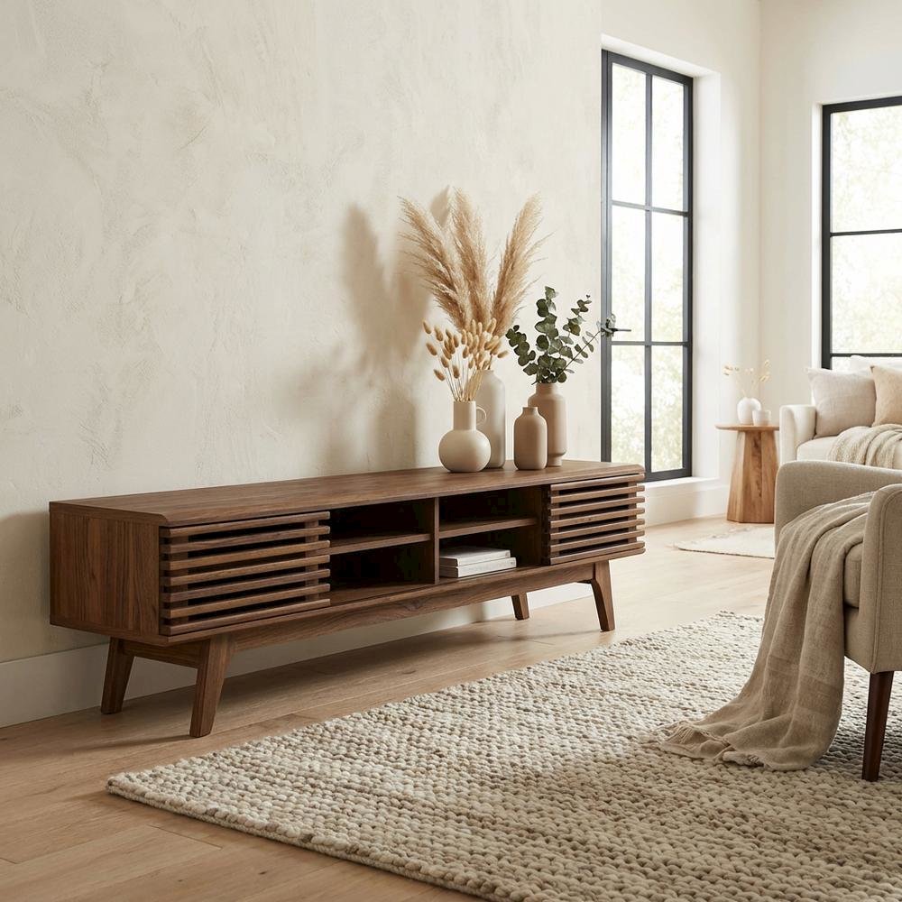 Brown wood entertainment center with spacious TV stand and sleek design