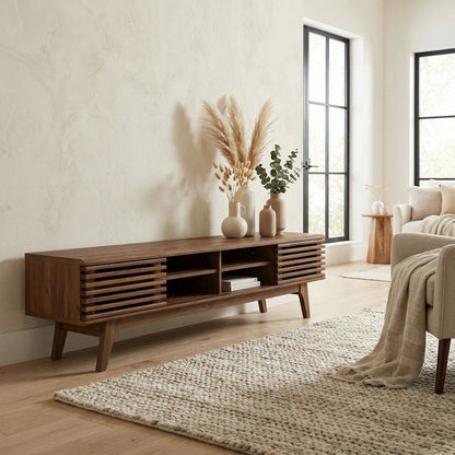Brown wood entertainment center with spacious TV stand and sleek design