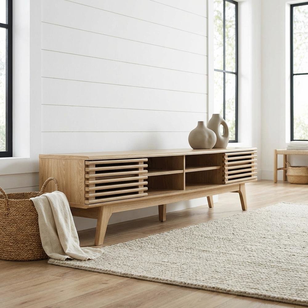 Brown wood entertainment center with spacious TV stand and sleek design