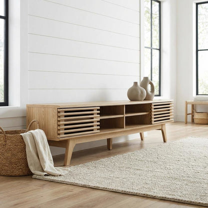 Brown wood entertainment center with spacious TV stand and sleek design