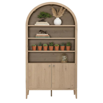 Brown display cabinet, arched design, engineered wood construction, versatile