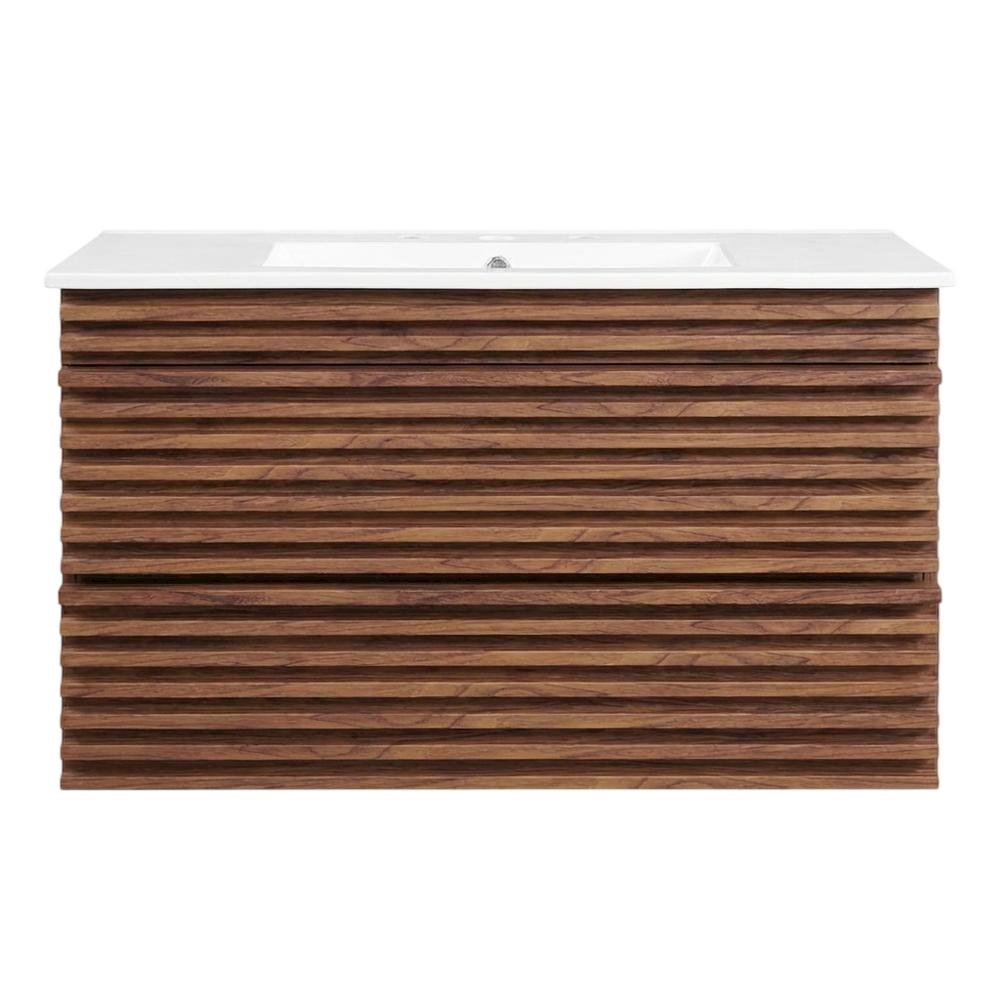 Walnut White 36-Inch Wall-Mount Bathroom Vanity with Ceramic Sink