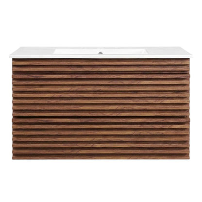 Walnut White 36-Inch Wall-Mount Bathroom Vanity with Ceramic Sink