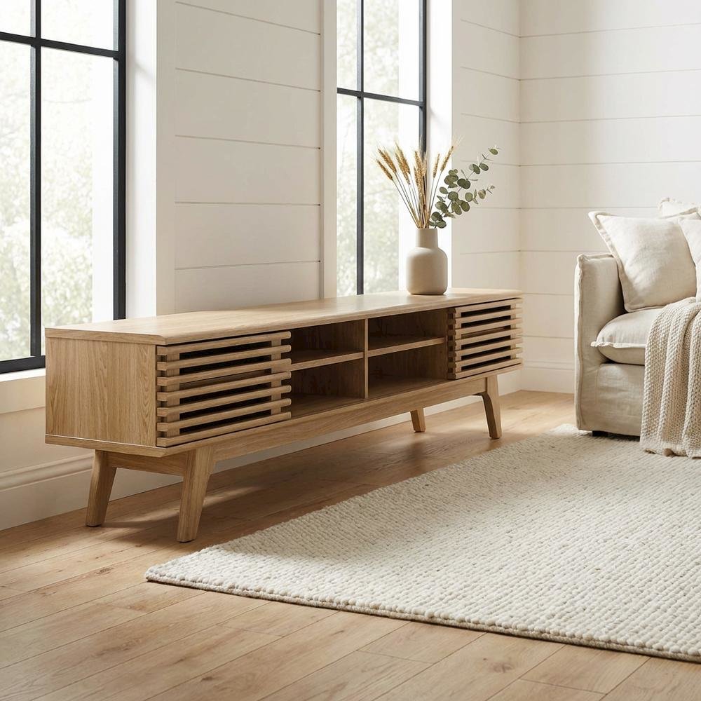 Brown wood entertainment center with spacious TV stand and sleek design