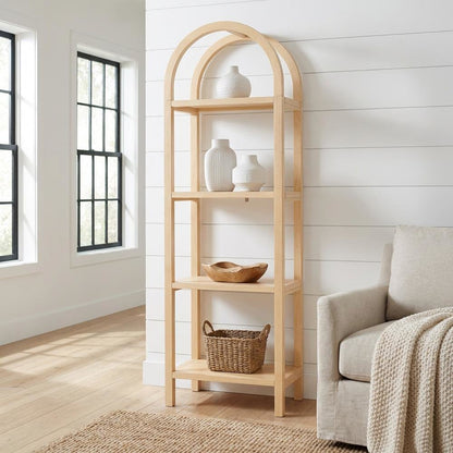 Brown engineered wood arched bookshelf with storage shelves and narrow design