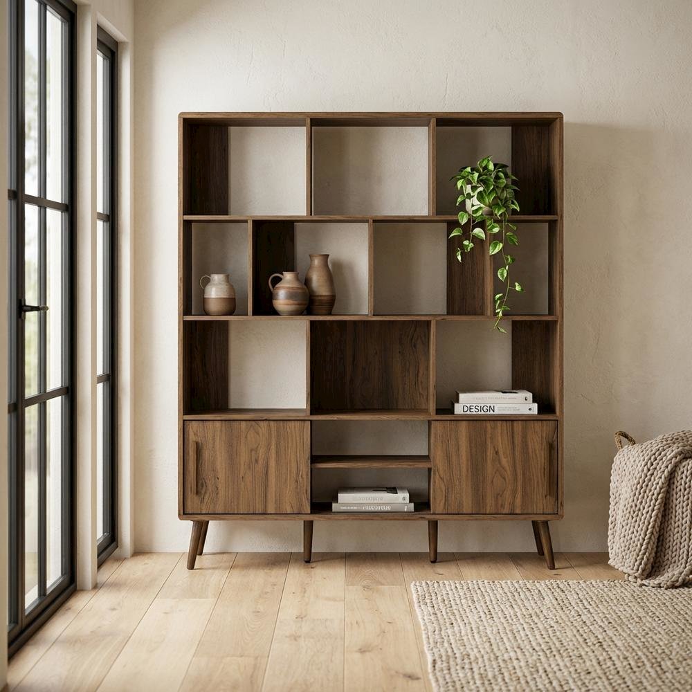 Wooden Bookcase with Sliding Doors and Contemporary Design