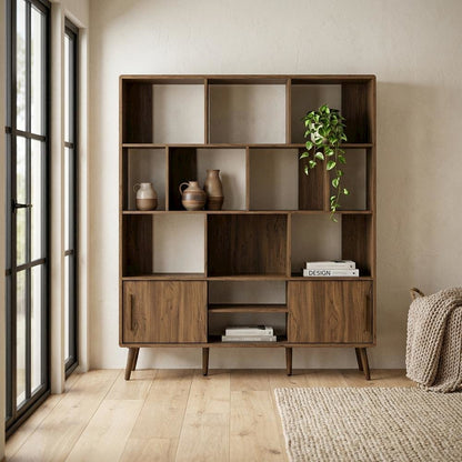 Wooden Bookcase with Sliding Doors and Contemporary Design