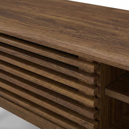 Brown wood entertainment center with spacious TV stand and sleek design