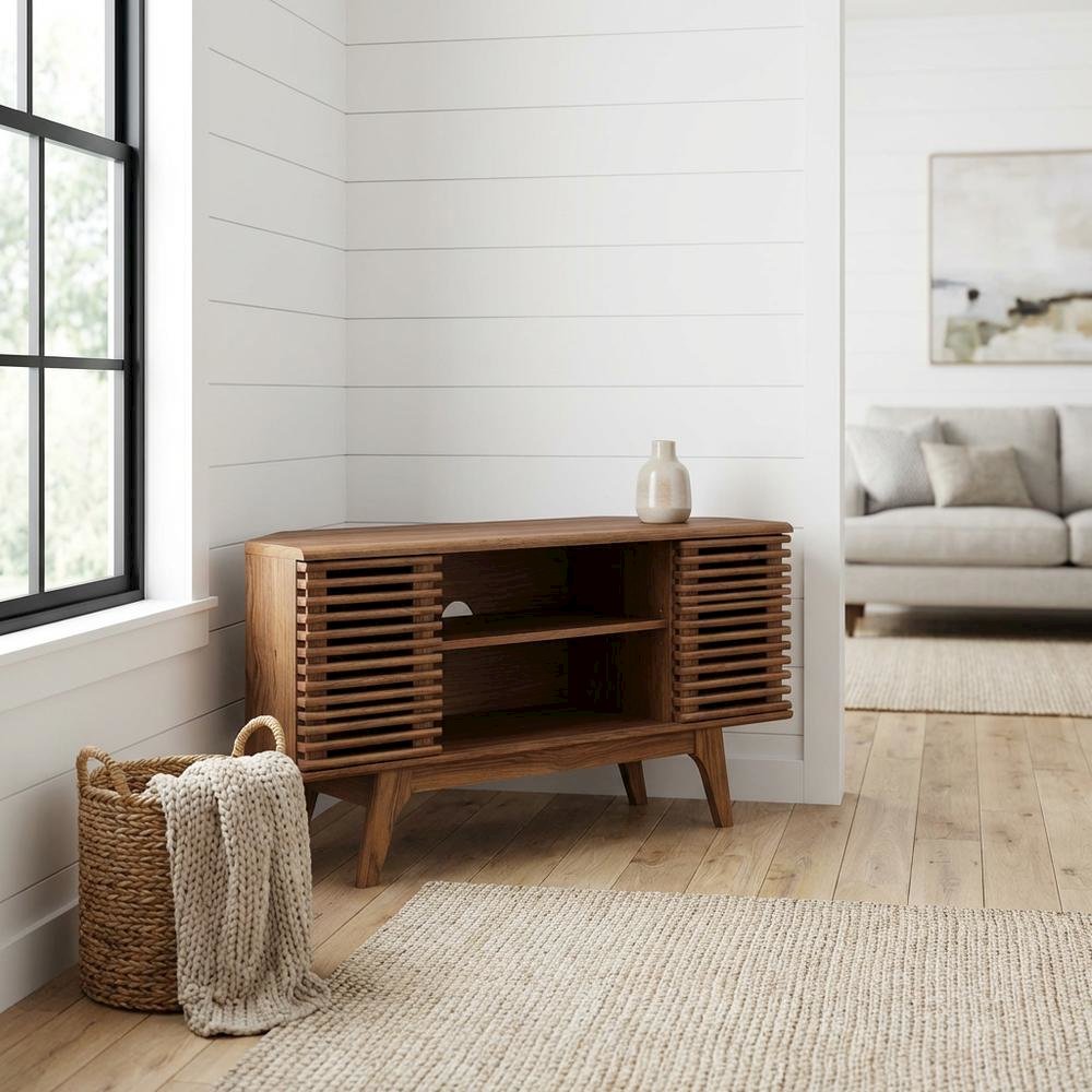 Brown wooden 46-inch corner TV stand with open shelving and versatile design