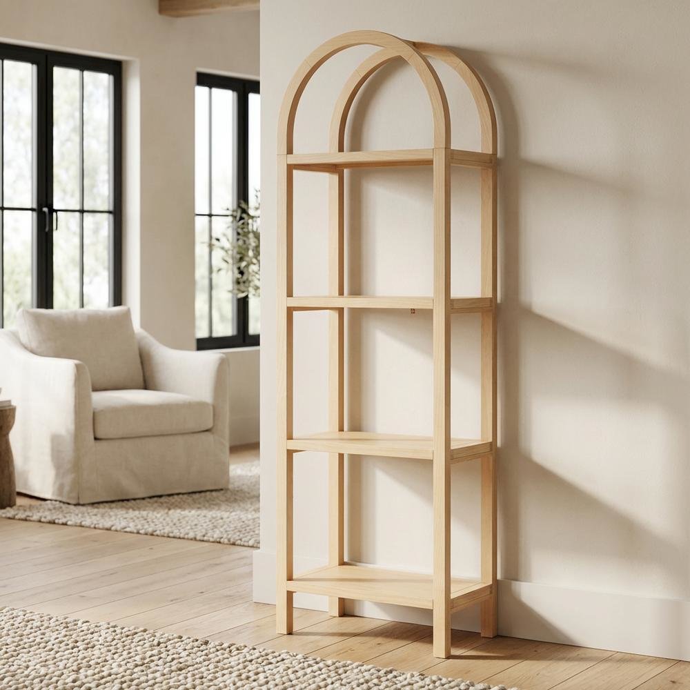 Brown engineered wood arched bookshelf with storage shelves and narrow design