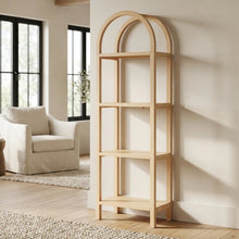 Brown engineered wood arched bookshelf with storage shelves and narrow design