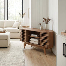 Brown wooden 46-inch corner TV stand with open shelving and versatile design