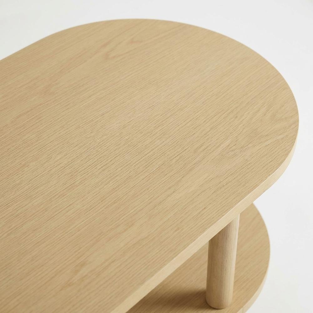 Brown wood TV stand with solid mango construction and oval design