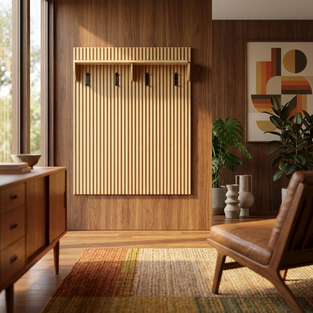 Brown Fluted Coat Rack Panel, Upper Shelf, Modern Entryway Hooks