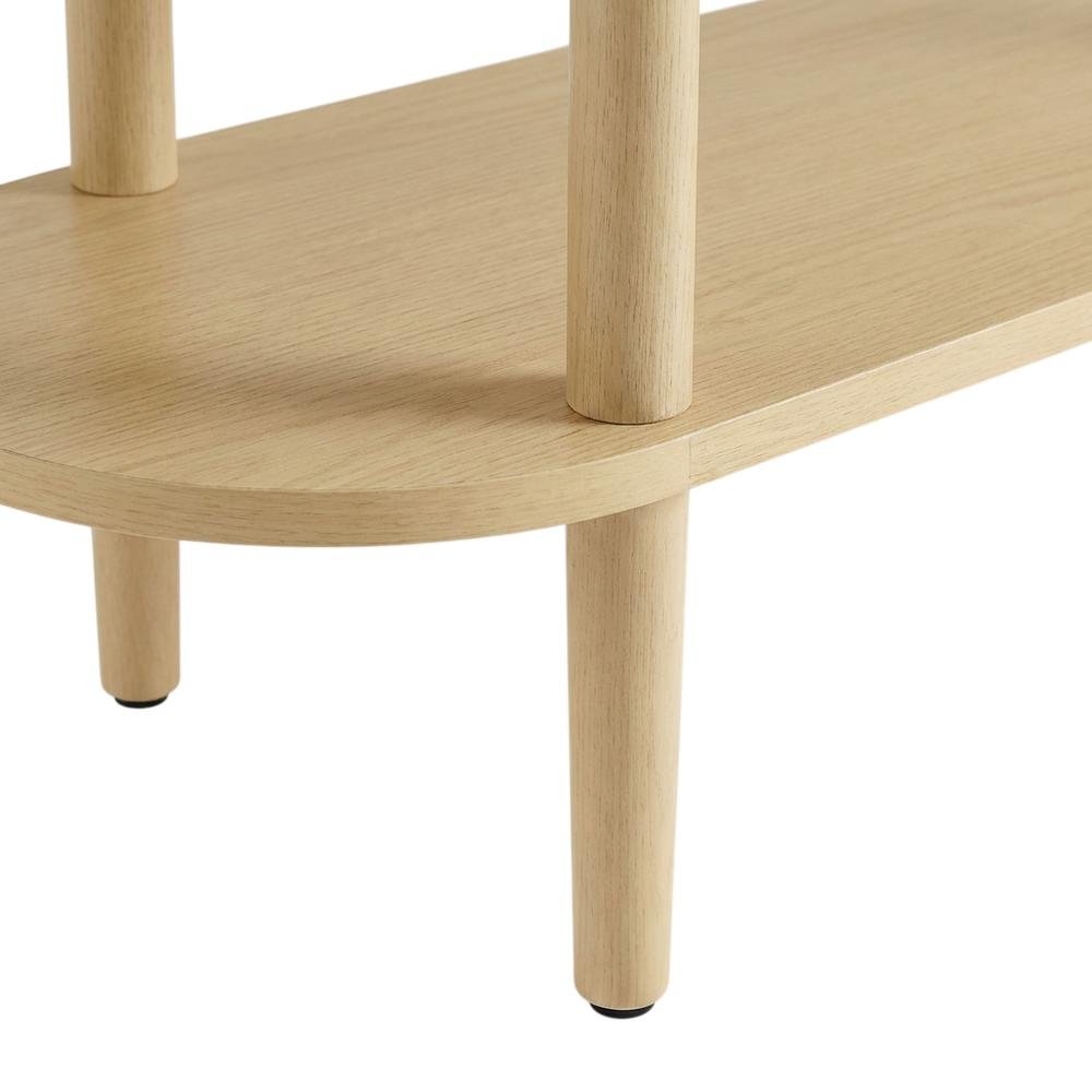 Brown wood TV stand with solid mango construction and oval design