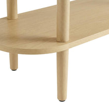 Brown wood TV stand with solid mango construction and oval design