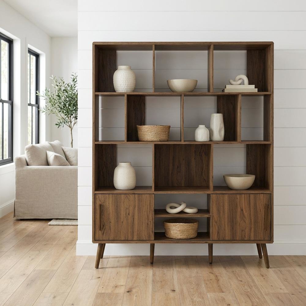 Wooden Bookcase with Sliding Doors and Contemporary Design
