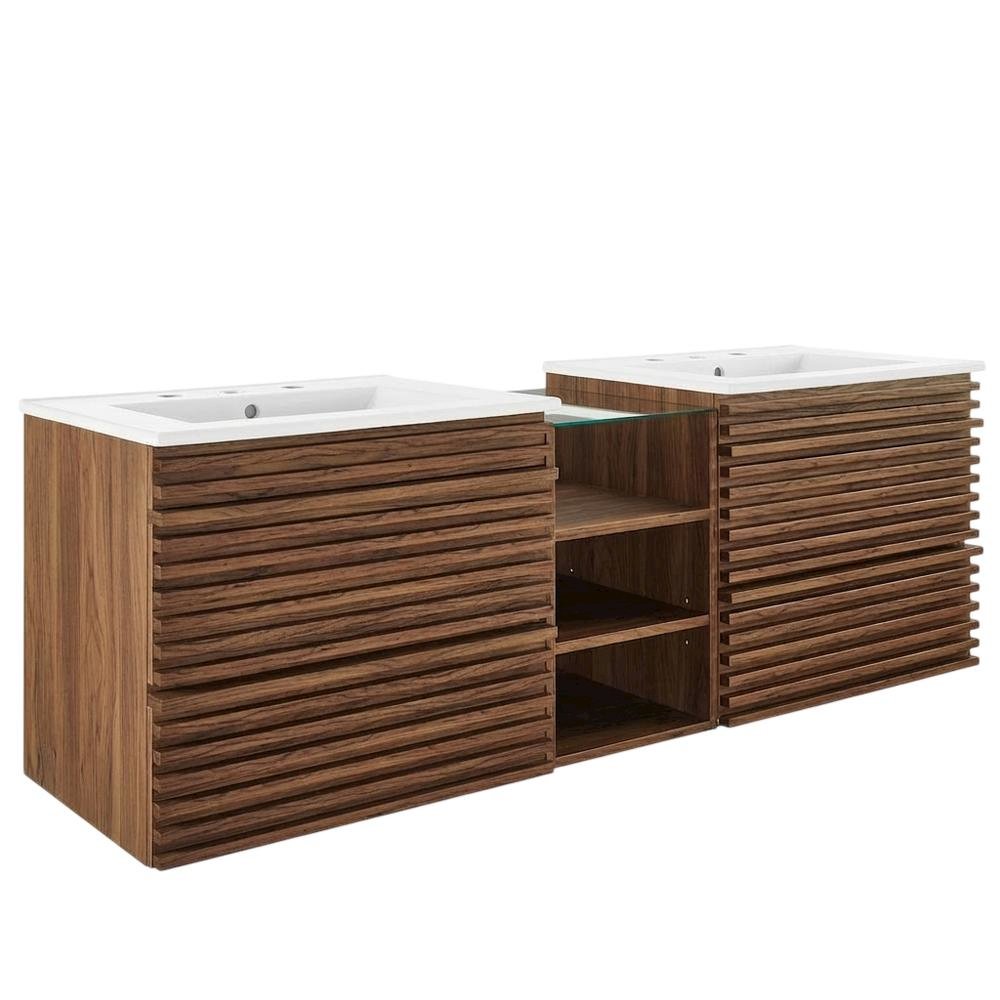 Walnut White 62-Inch Wall-Mount Double Sink Bathroom Vanity