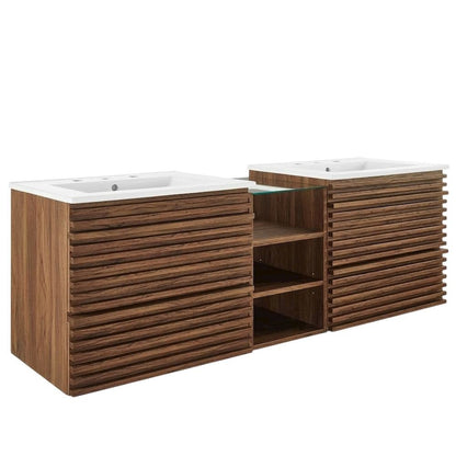 Walnut White 62-Inch Wall-Mount Double Sink Bathroom Vanity