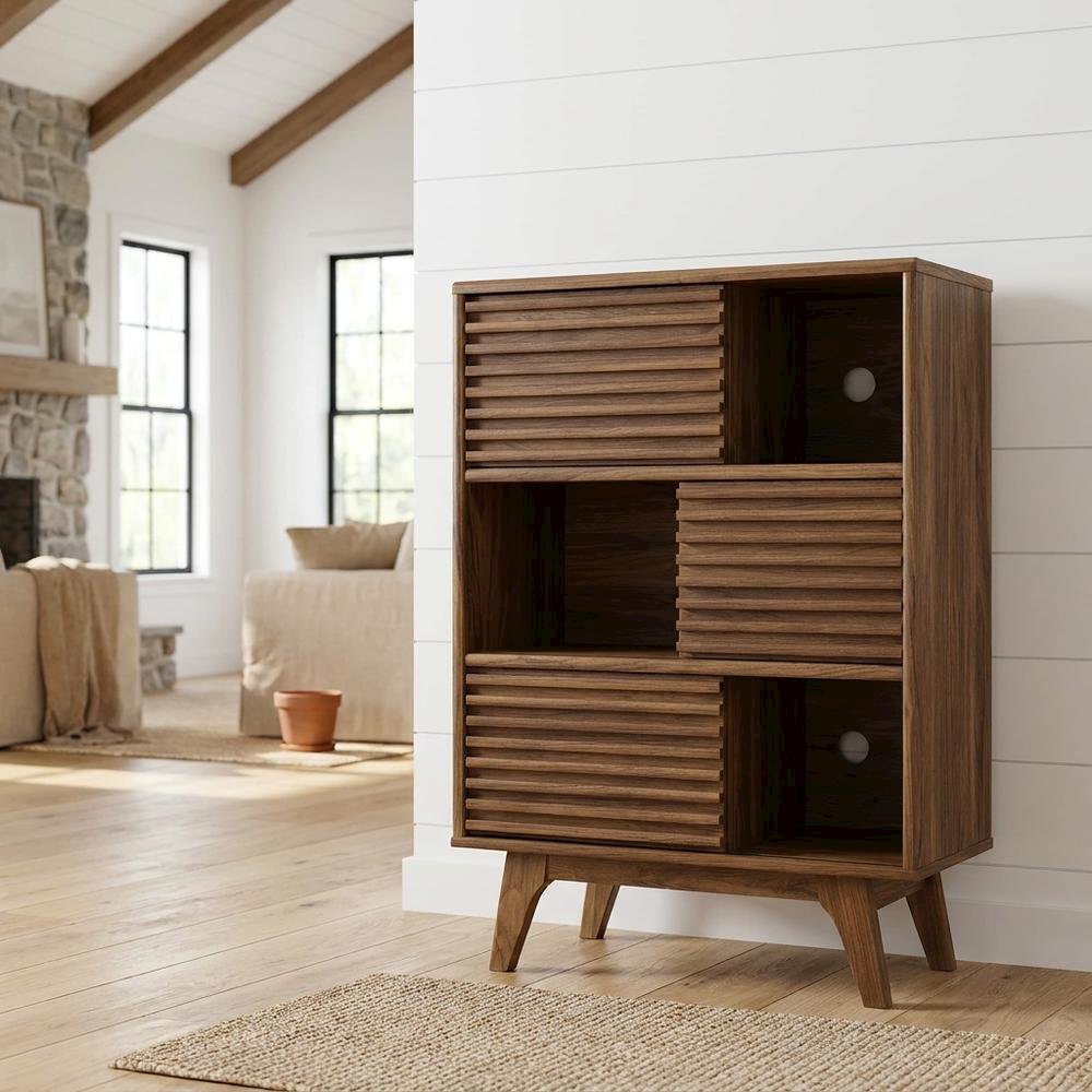 Mid-Century Modern Three-Tier Display Cabinet with Bookshelf Storage, Walnut