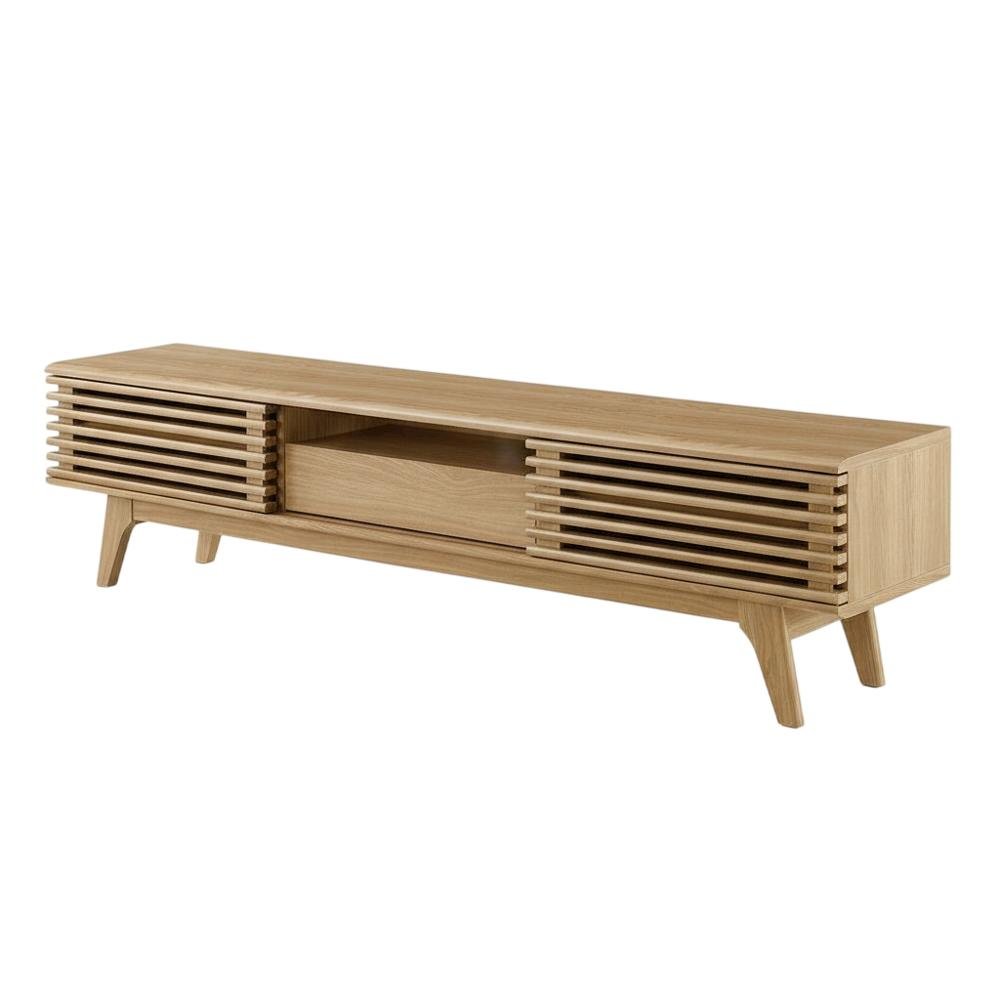 Wooden brown TV stand with spacious surface and modern design