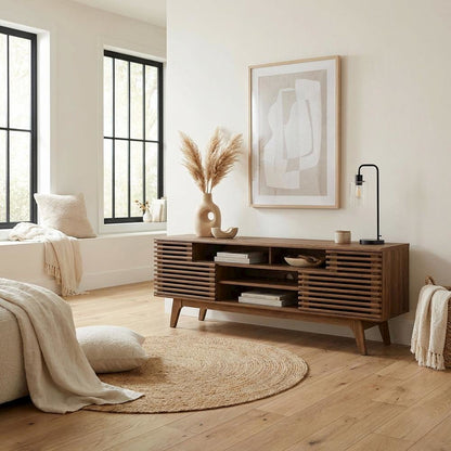 Brown Wood TV Console with Spacious Surface and Modern Design