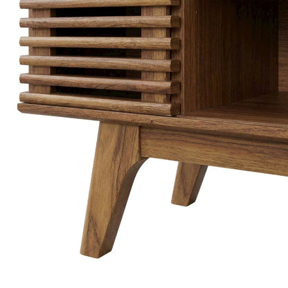 Brown wooden 46-inch corner TV stand with open shelving and versatile design