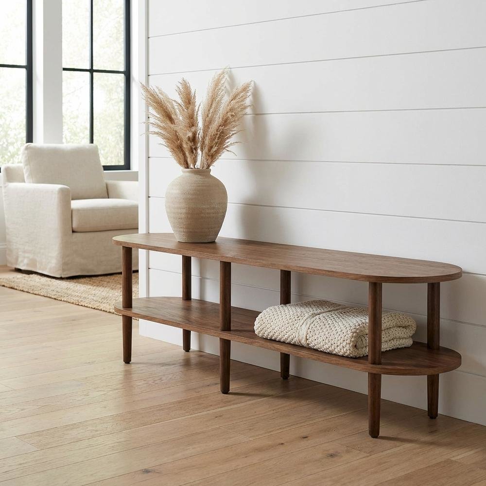 Brown wood TV stand with oval design, solid mango construction for durability