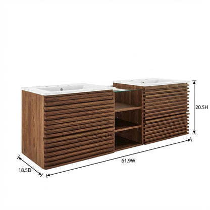 Walnut White 62-Inch Wall-Mount Double Sink Bathroom Vanity