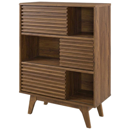 Mid-Century Modern Three-Tier Display Cabinet with Bookshelf Storage, Walnut