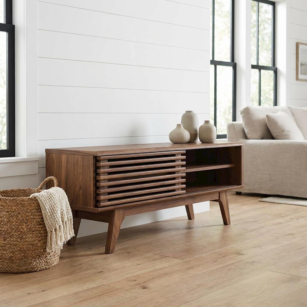 Wooden brown TV stand with 48-inch width and sleek design