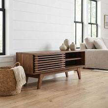 Wooden brown TV stand with 48-inch width and sleek design