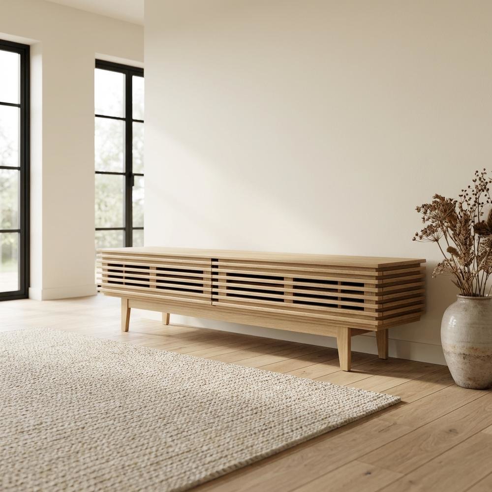Brown wood TV stand with sleek design and sturdy construction
