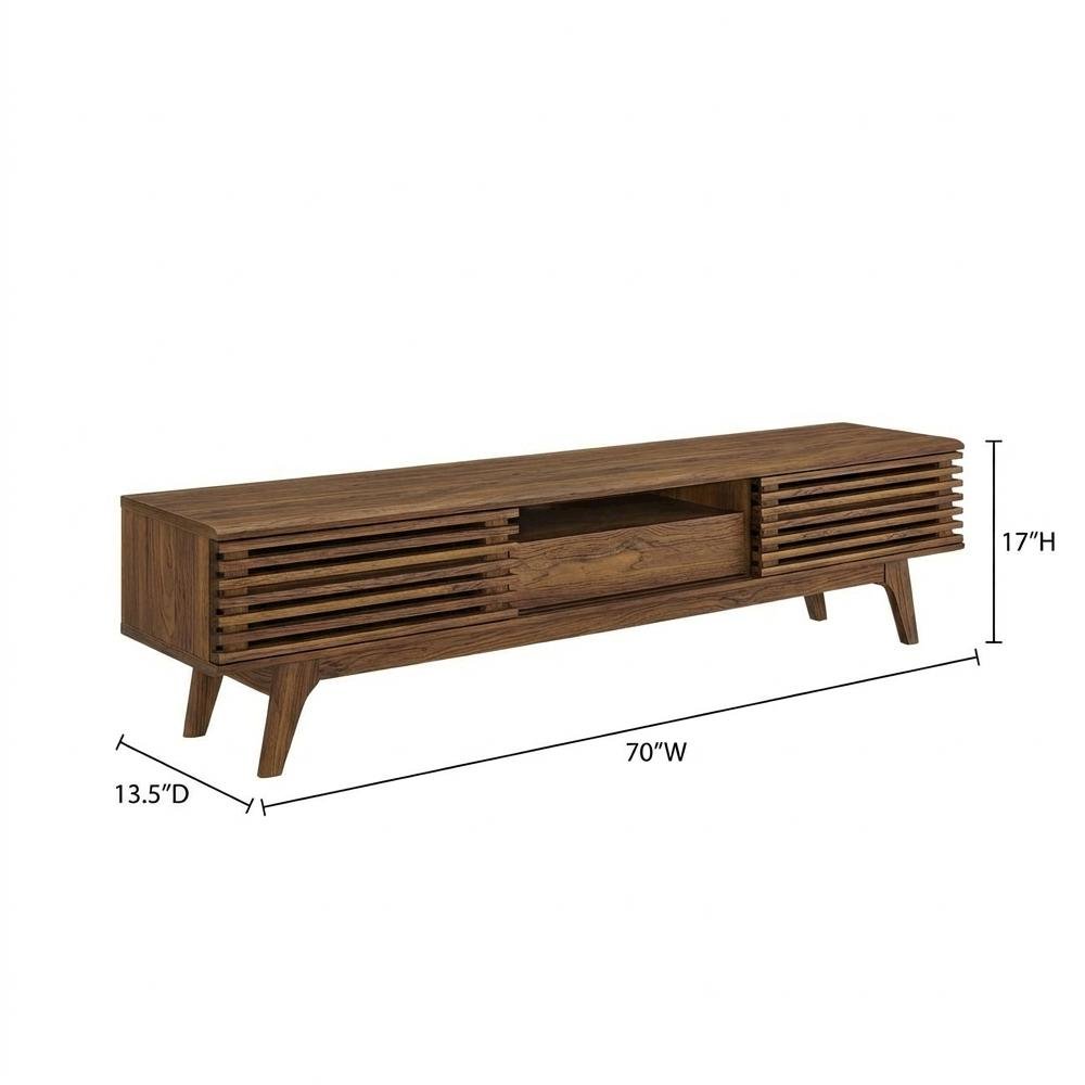 Brown wood TV stand with sleek design and ample storage space