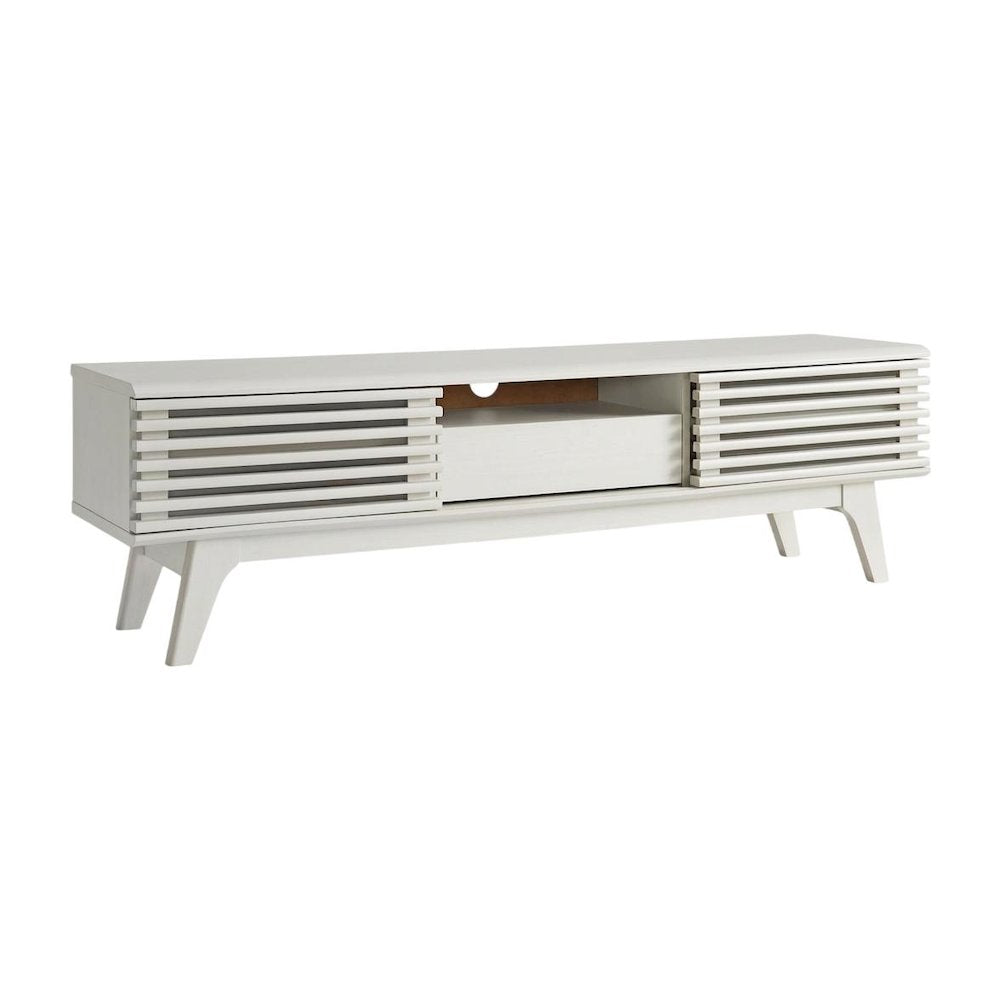 White wood TV stand with 59-inch top and sleek design