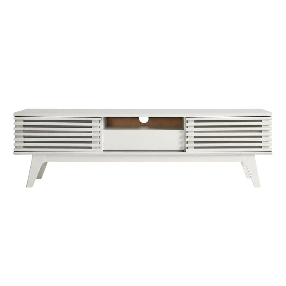 White wood TV stand with 59-inch top and sleek design