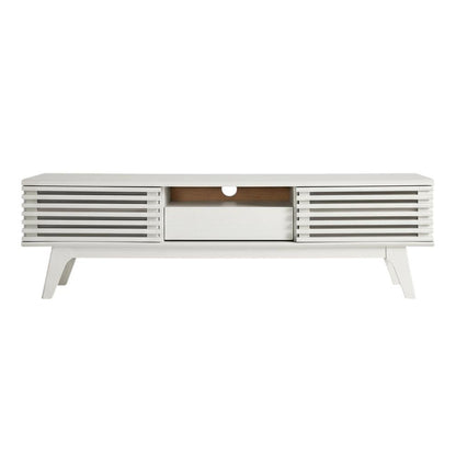 White wood TV stand with 59-inch top and sleek design