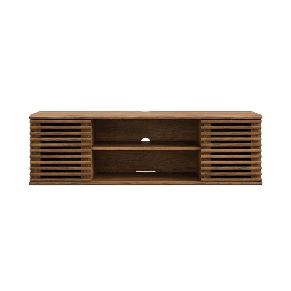 Wooden brown wall-mount TV console with sleek design and sturdy build