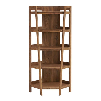 Brown corner bookshelf with spacious shelves and modern design