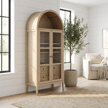 Tall Arched Storage Cabinet In Rustic Finish With Versatile Display And Storage