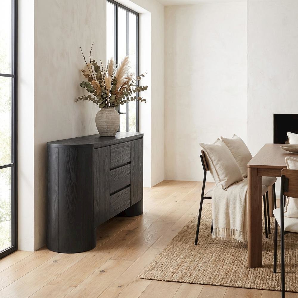 Rounded Sideboard Storage Cabinet In Classic Finish With Spacious Shelving