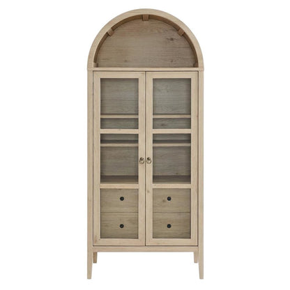 Tall Arched Storage Cabinet In Rustic Finish With Versatile Display And Storage