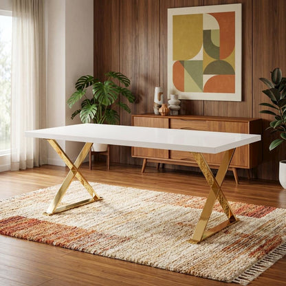 White Rectangular Dining Table, Modern X-Base, Seats 6