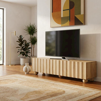 Scalloped Wood TV Stand in Warm Finish with Open Storage Compartments