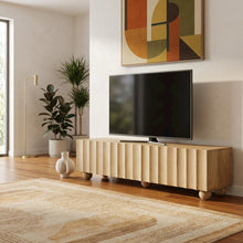 Scalloped Wood TV Stand in Warm Finish with Open Storage Compartments