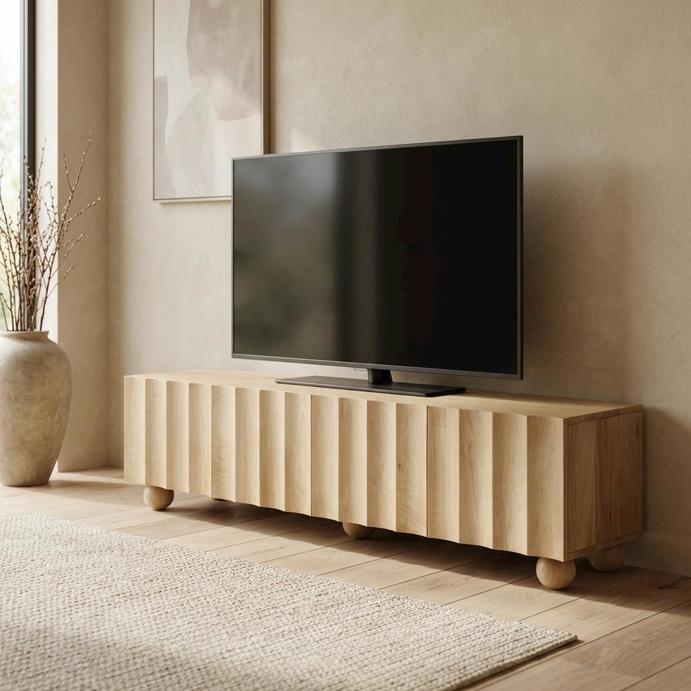 Scalloped Wood TV Stand in Warm Finish with Open Storage Compartments